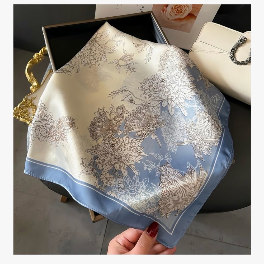 Floral Satin Scarf in Blue and Cream